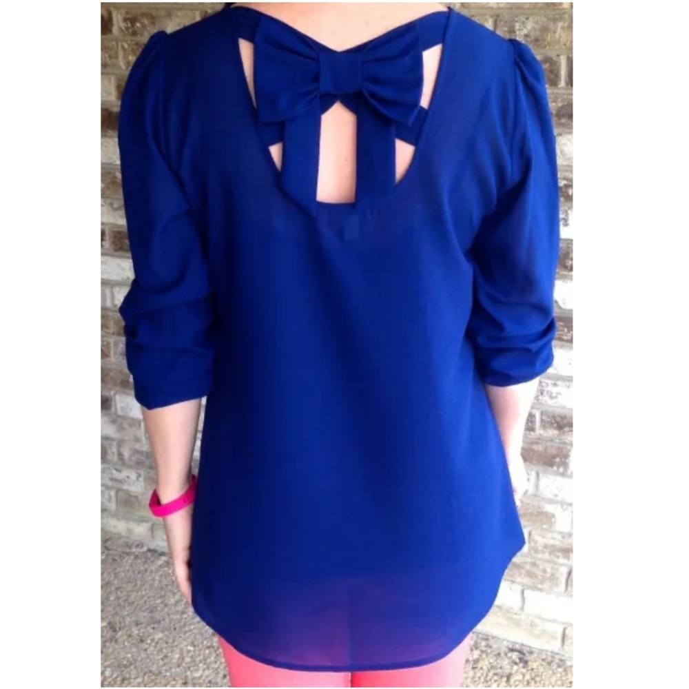 Charming Charlie Sheer Navy Blouse with Back Bow Accent Size Small.